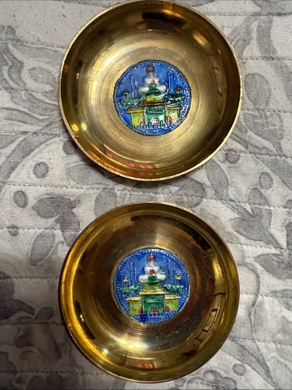 Decorative vintage brass trinket saucers with cloisonné centers
